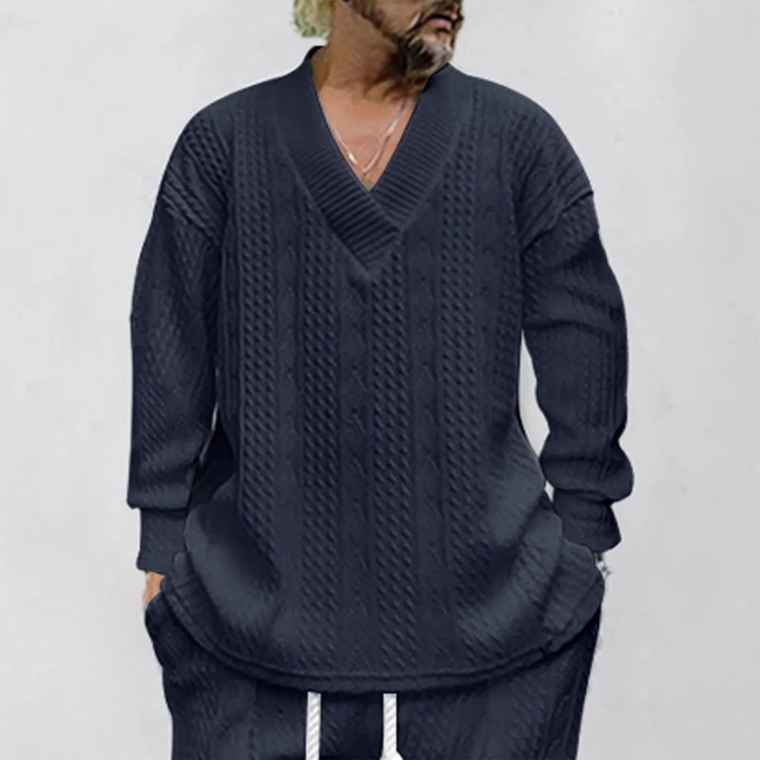 Oversize Sweater Mens V Neck Sweater Casual Loose Fit Long Sleeve Pullover Cable Knit Sweater Tops Knitwear