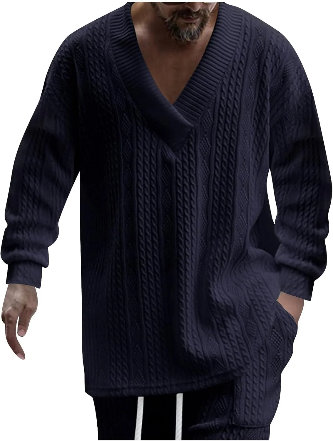 Oversize Sweater Mens V Neck Sweater Casual Loose Fit Long Sleeve Pullover Cable Knit Sweater Tops Knitwear