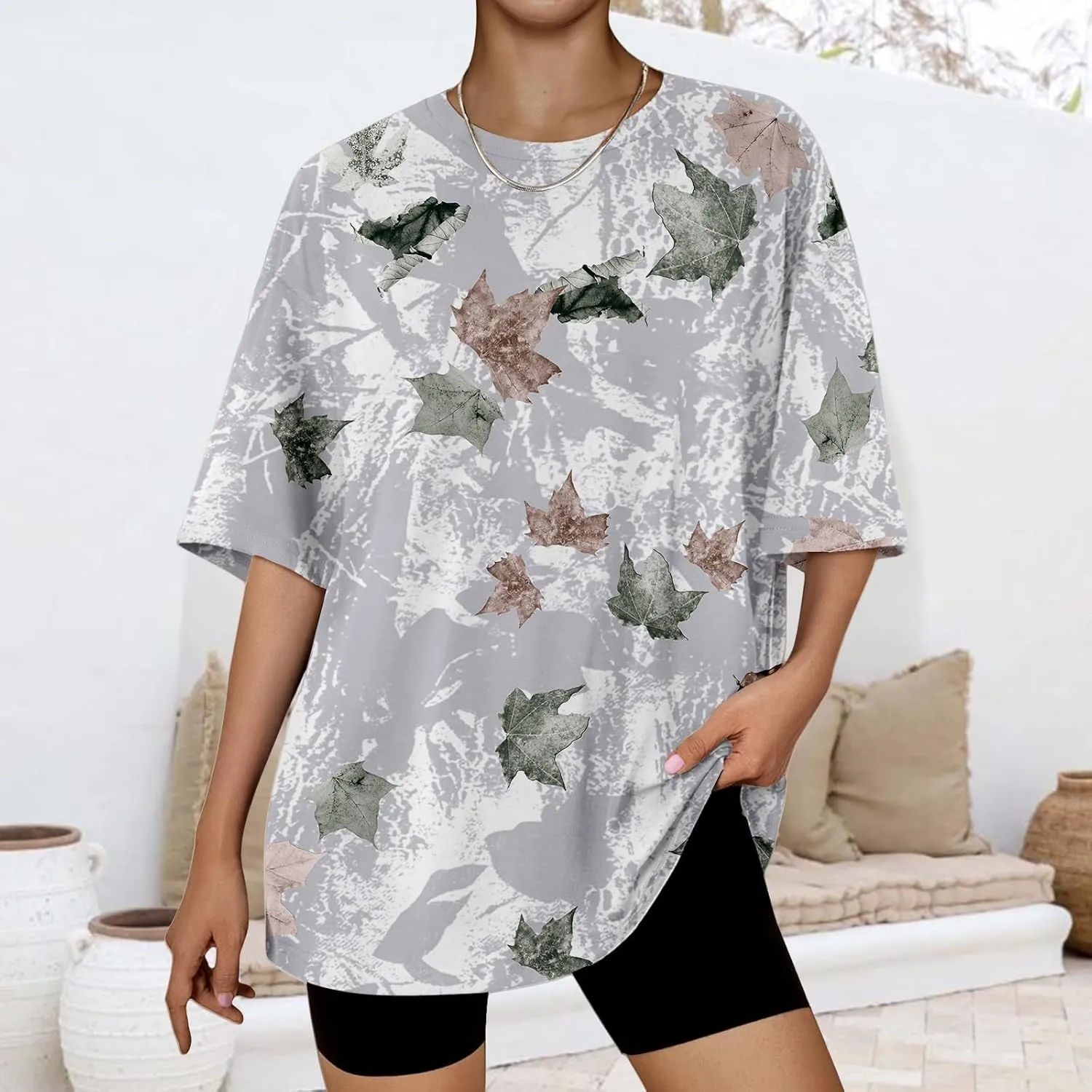 Oversized Camo Shirt Women Maple Leaf Print Shirt Short Sleeve Crewneck Tshirt Casual Summer Tops Tees Streetwear