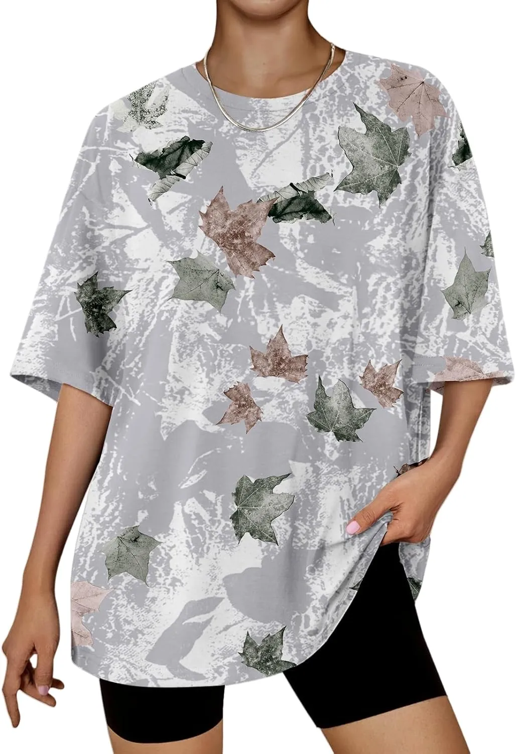 Oversized Camo Shirt Women Maple Leaf Print Shirt Short Sleeve Crewneck Tshirt Casual Summer Tops Tees Streetwear