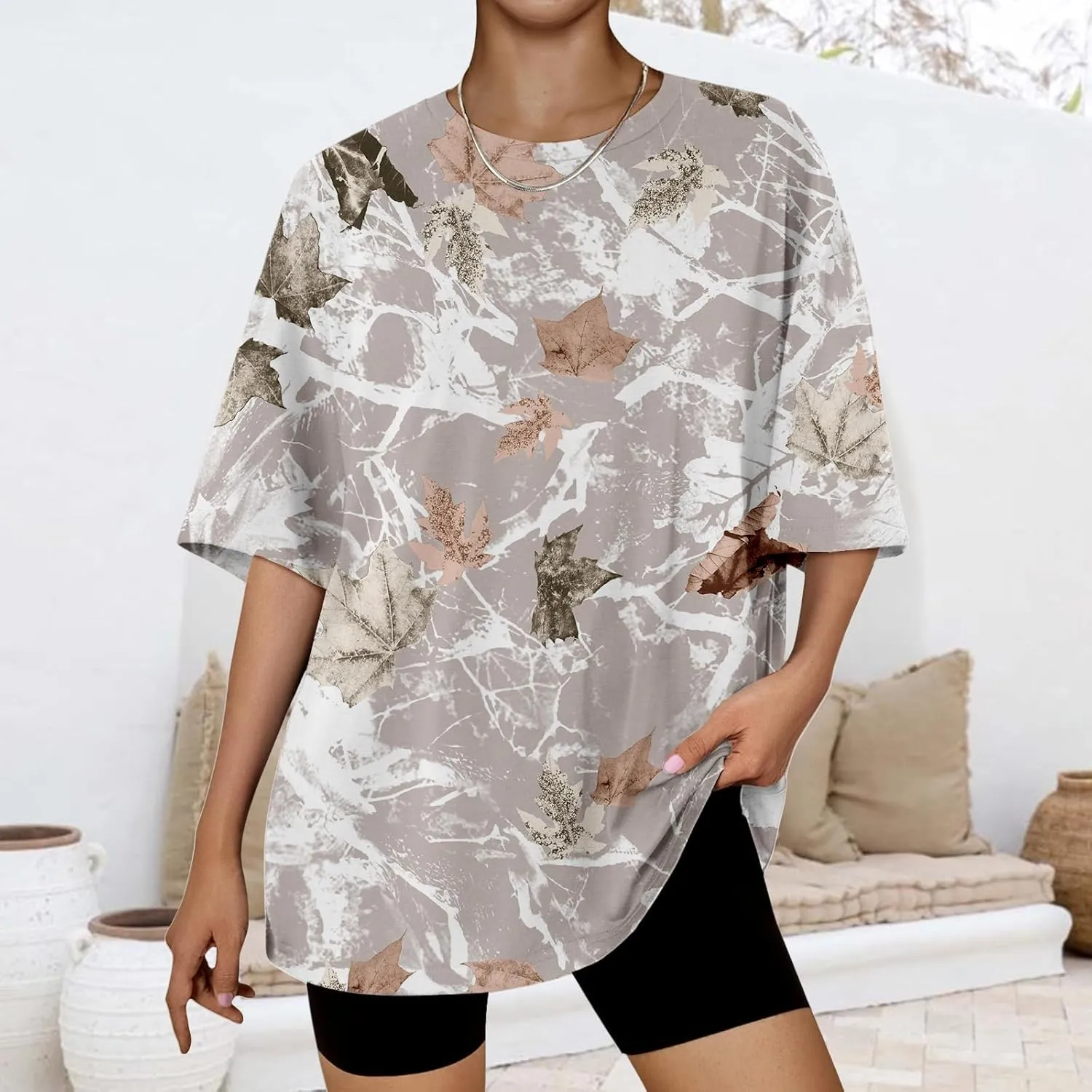 Oversized Camo Shirt Women Maple Leaf Print Shirt Short Sleeve Crewneck Tshirt Casual Summer Tops Tees Streetwear