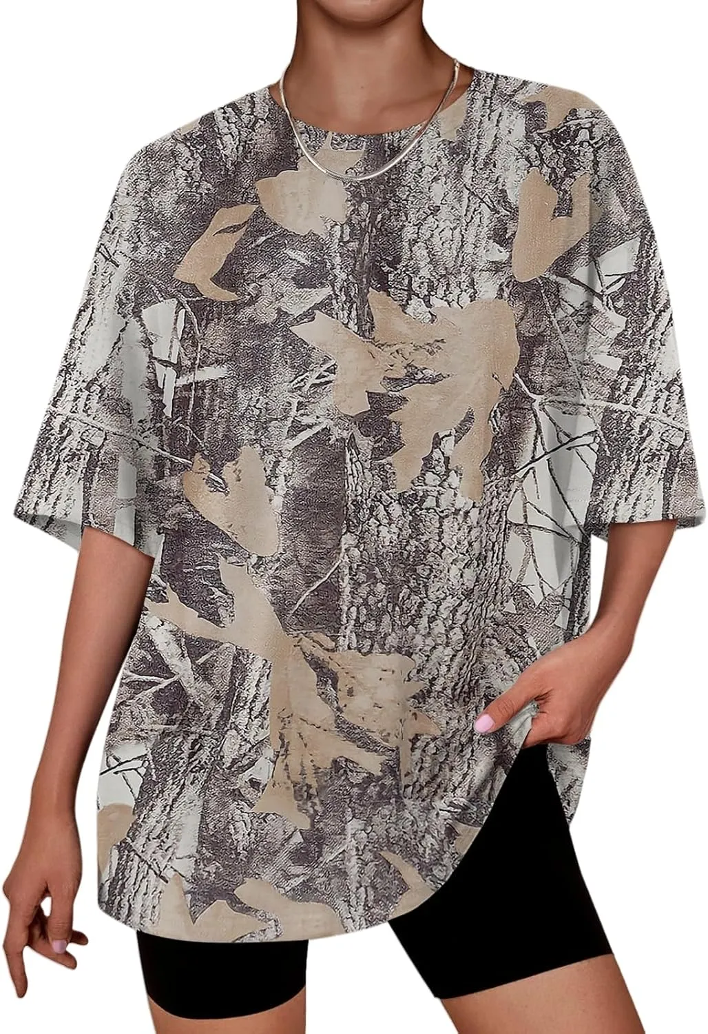 Oversized Camo Shirt Women Maple Leaf Print Shirt Short Sleeve Crewneck Tshirt Casual Summer Tops Tees Streetwear