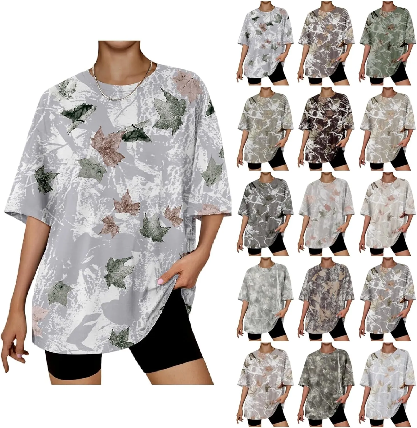 Oversized Camo Shirt Women Maple Leaf Print Shirt Short Sleeve Crewneck Tshirt Casual Summer Tops Tees Streetwear
