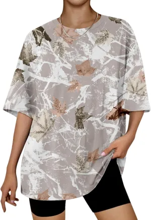 Oversized Camo Shirt Women Maple Leaf Print Shirt Short Sleeve Crewneck Tshirt Casual Summer Tops Tees Streetwear