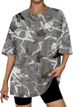 Oversized Camo Shirt Women Maple Leaf Print Shirt Short Sleeve Crewneck Tshirt Casual Summer Tops Tees Streetwear