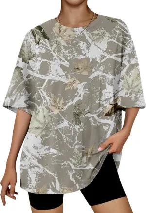 Oversized Camo Shirt Women Maple Leaf Print Shirt Short Sleeve Crewneck Tshirt Casual Summer Tops Tees Streetwear