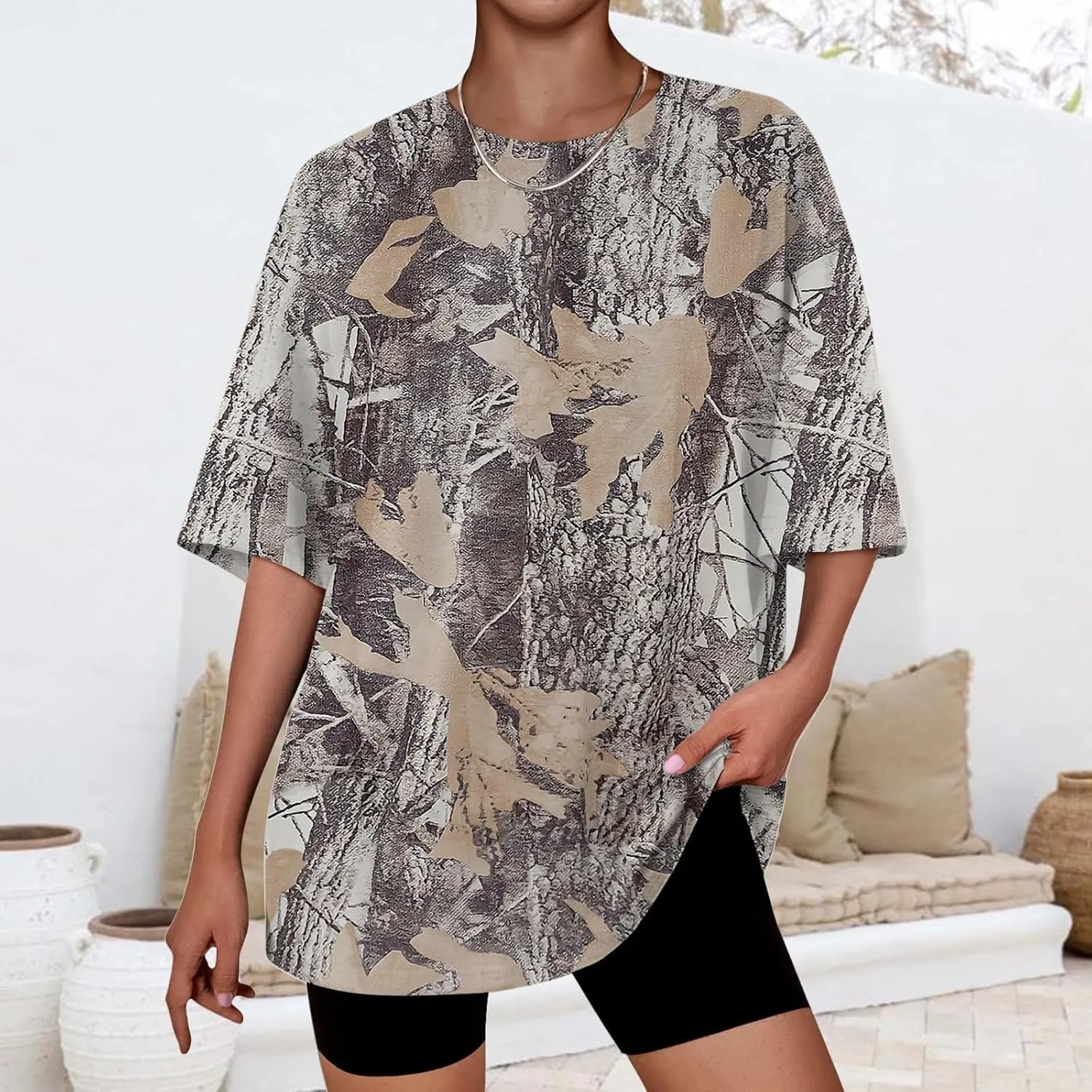 Oversized Camo Shirt Women Maple Leaf Print Shirt Short Sleeve Crewneck Tshirt Casual Summer Tops Tees Streetwear