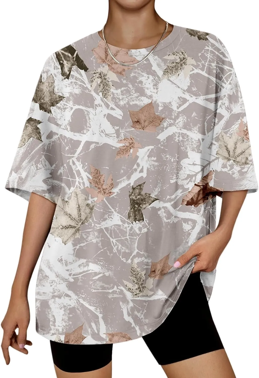 Oversized Camo Shirt Women Maple Leaf Print Shirt Short Sleeve Crewneck Tshirt Casual Summer Tops Tees Streetwear