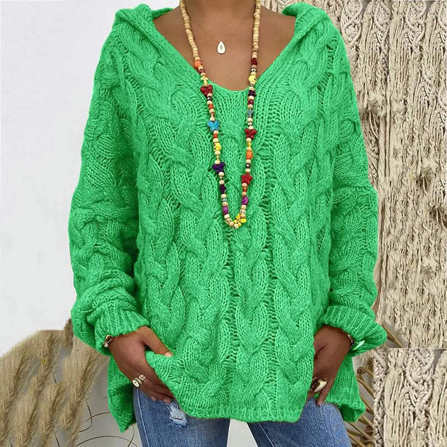 Oversized Sweater for Women, Plus Size Fashion Solid Cable Knit Sweater Hoodie Casual Crewneck Long Sleeve Shirt Top