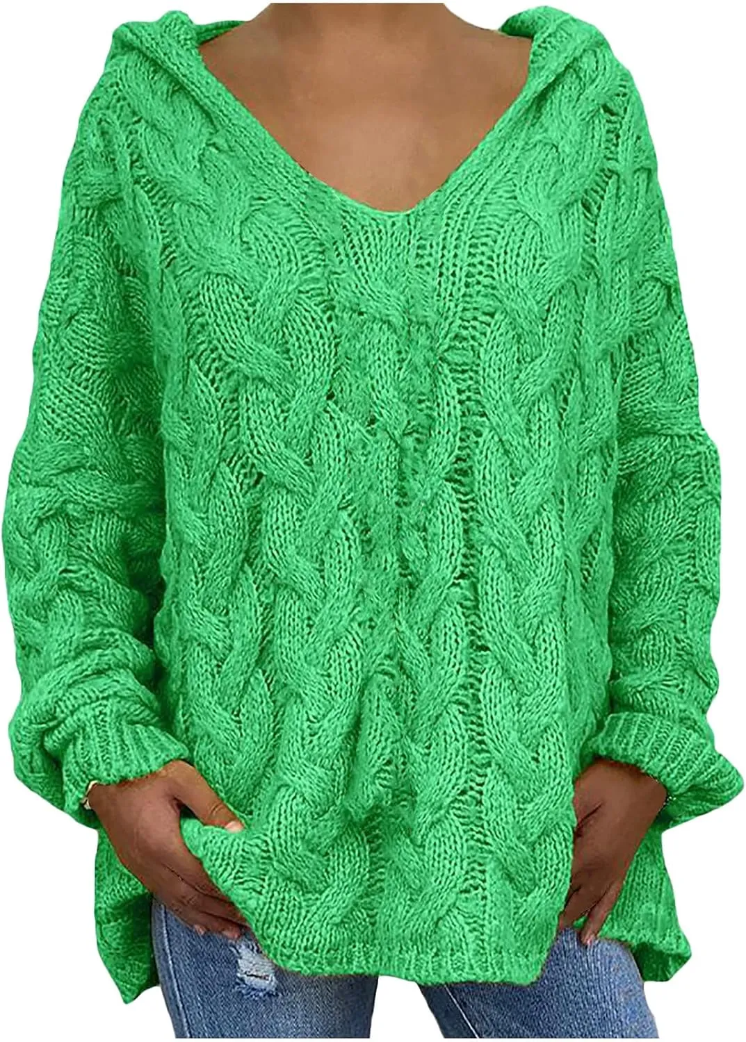 Oversized Sweater for Women, Plus Size Fashion Solid Cable Knit Sweater Hoodie Casual Crewneck Long Sleeve Shirt Top
