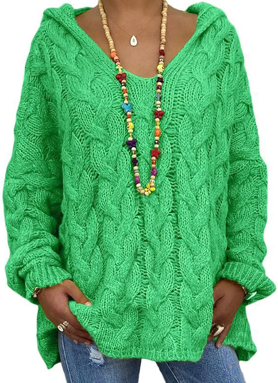 Oversized Sweater for Women, Plus Size Fashion Solid Cable Knit Sweater Hoodie Casual Crewneck Long Sleeve Shirt Top