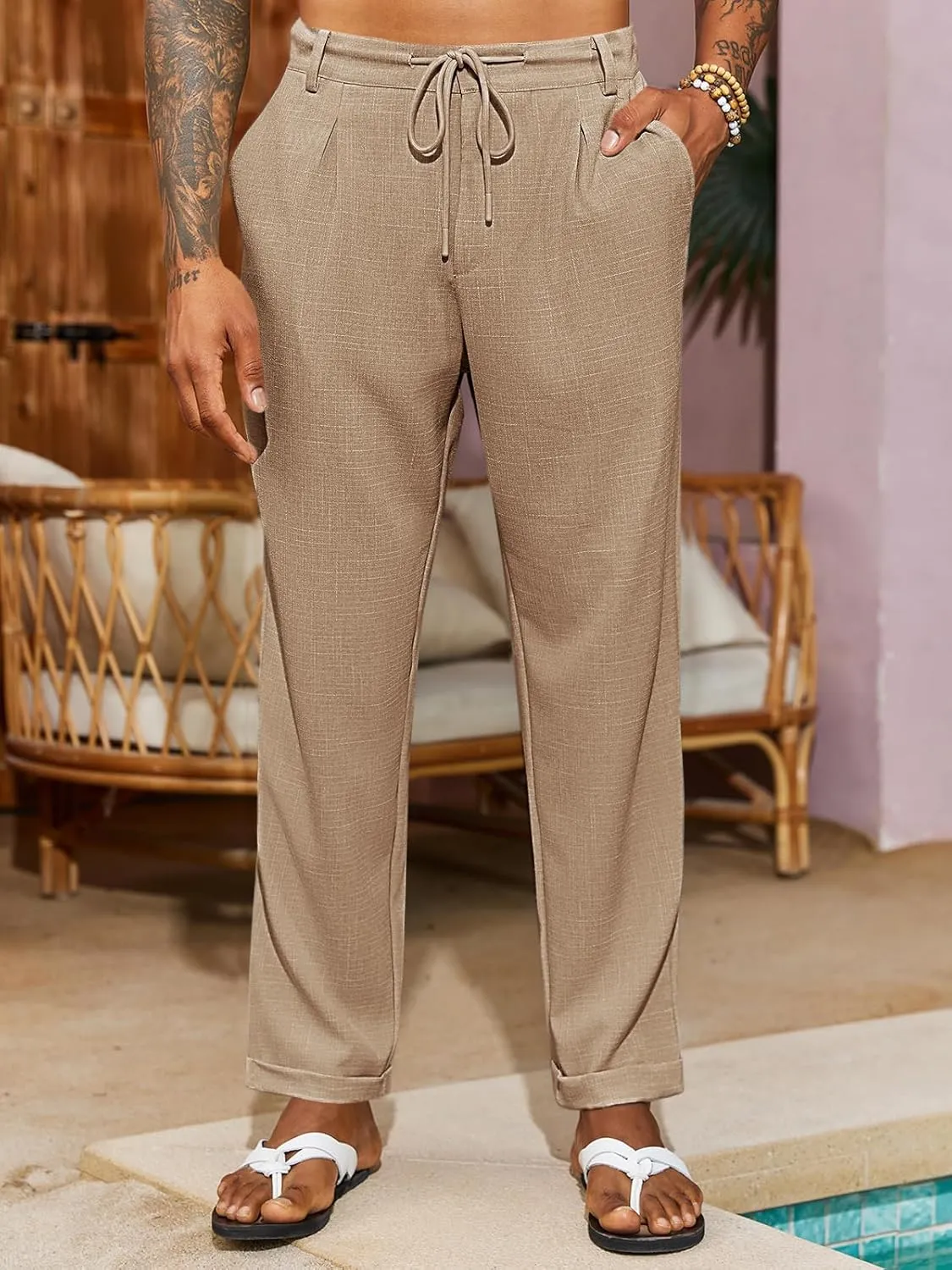 PASLTER Mens Casual Pants Drawstring Elastic Waist Loose Fit Lightweight Tapered Chino Pants