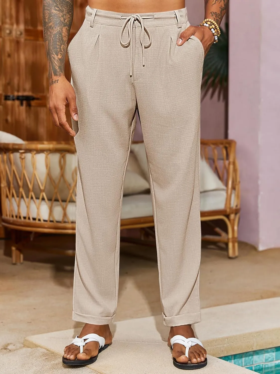 PASLTER Mens Casual Pants Drawstring Elastic Waist Loose Fit Lightweight Tapered Chino Pants