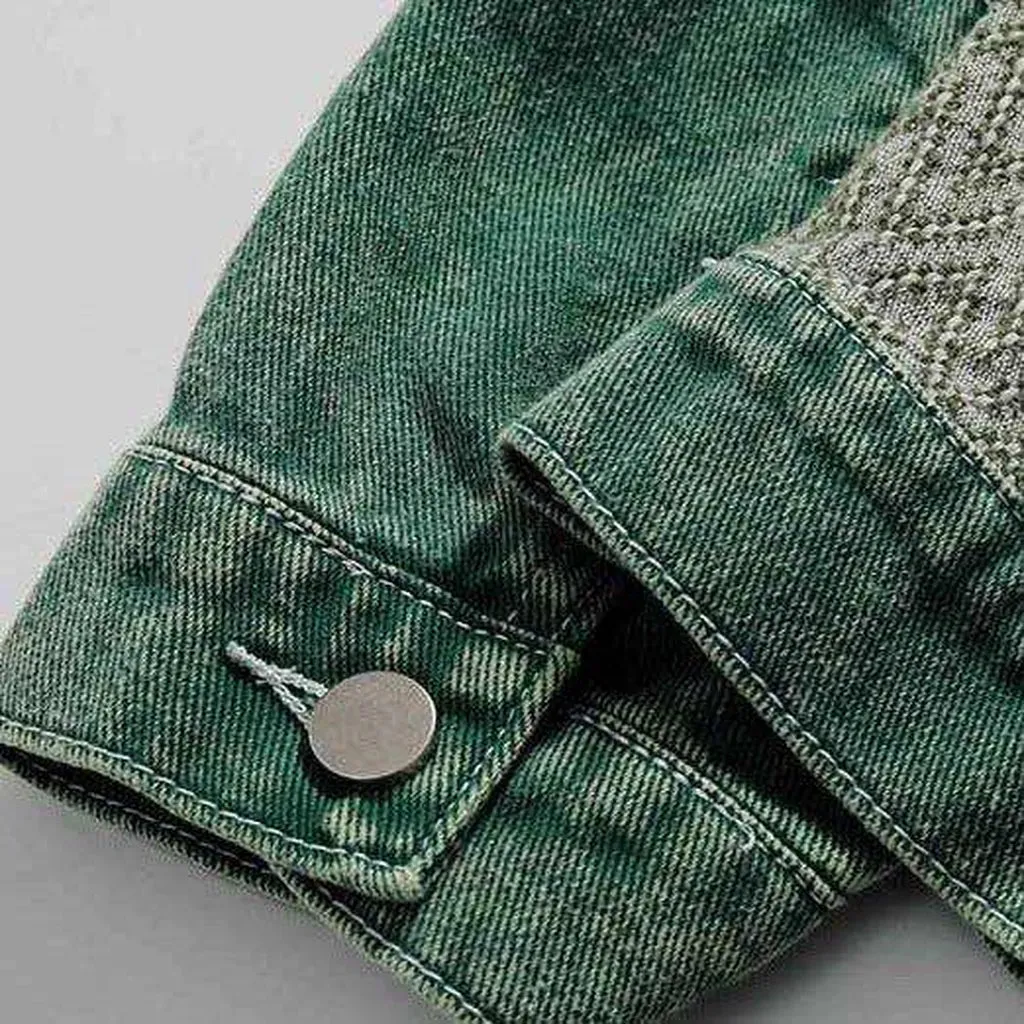 Patchwork green men's denim jacket