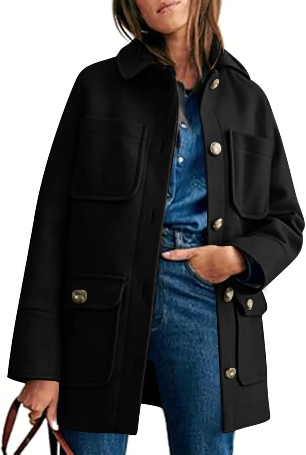 Pea Coats for Women 2024 Winter Elegant Wool Coat Mid Long Pea Coat Wool Blend Overcoat Jacket with Pockets