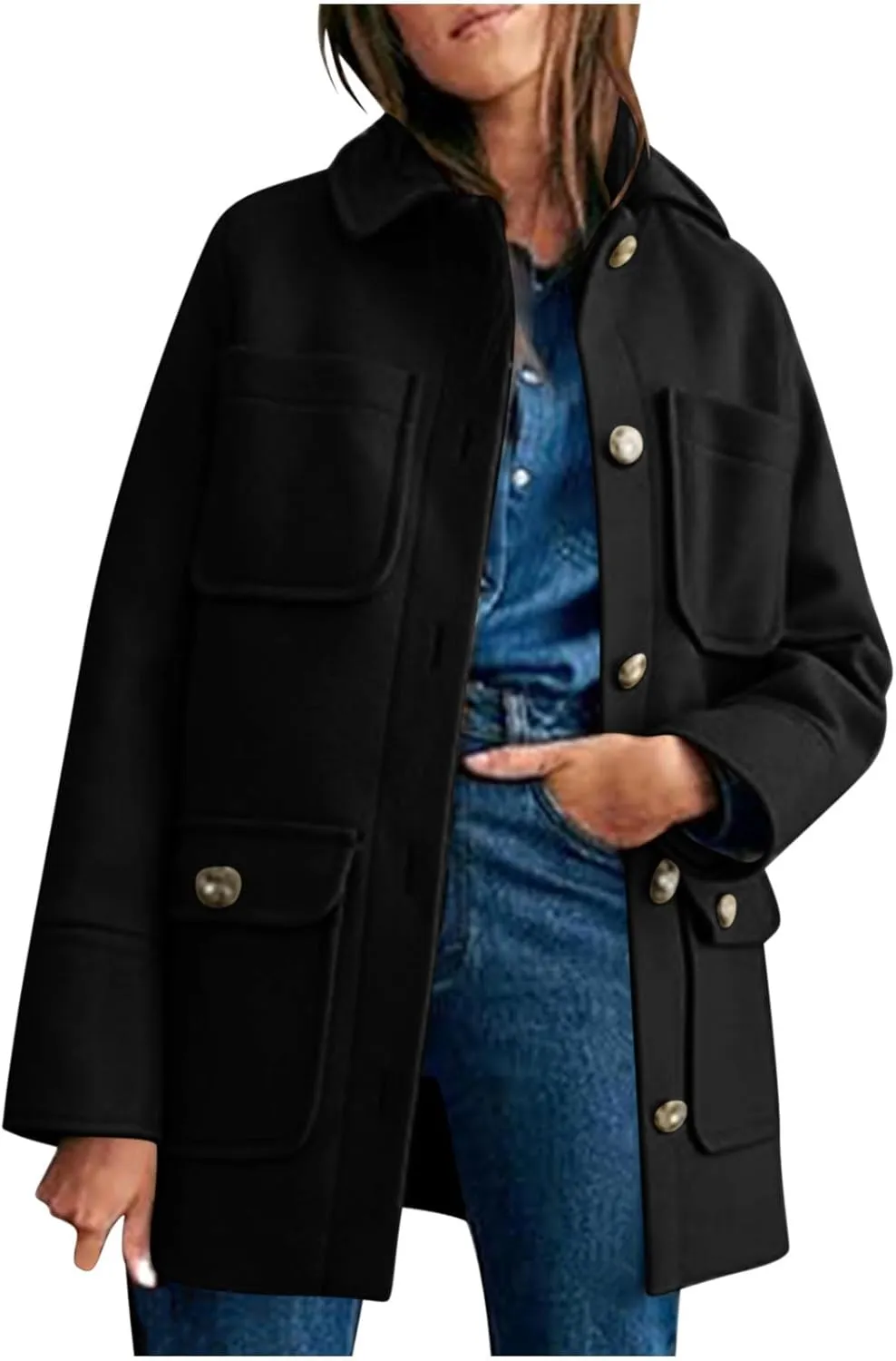 Pea Coats for Women 2024 Winter Elegant Wool Coat Mid Long Pea Coat Wool Blend Overcoat Jacket with Pockets