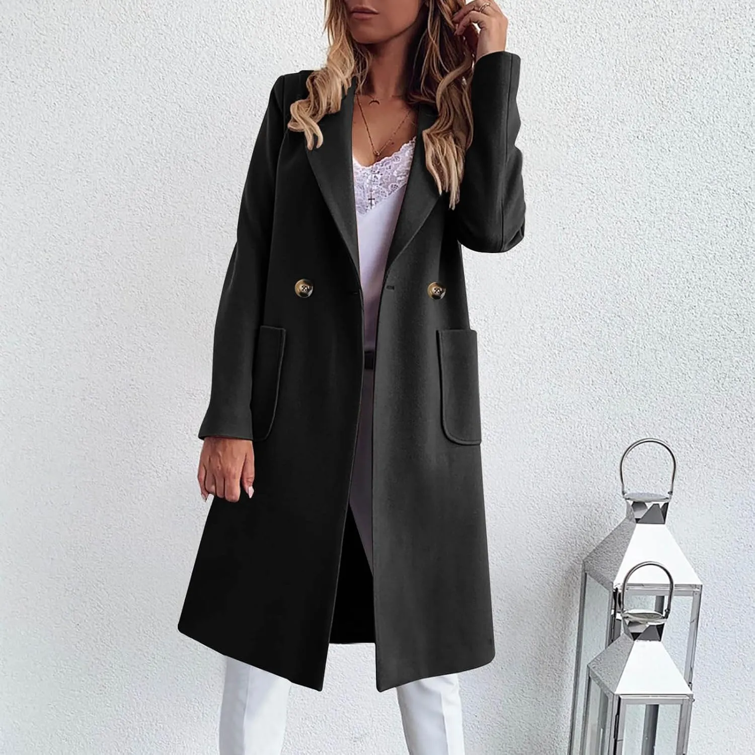 Pea Coats For Women Wool Warm Notched Collar Double Breasted Trench Coat With Pockets Wool Blend Belted Overcoat 2024