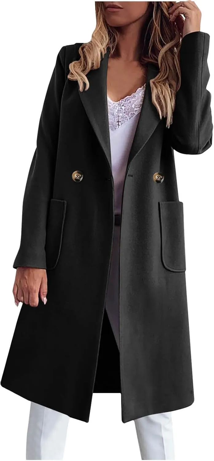 Pea Coats For Women Wool Warm Notched Collar Double Breasted Trench Coat With Pockets Wool Blend Belted Overcoat 2024