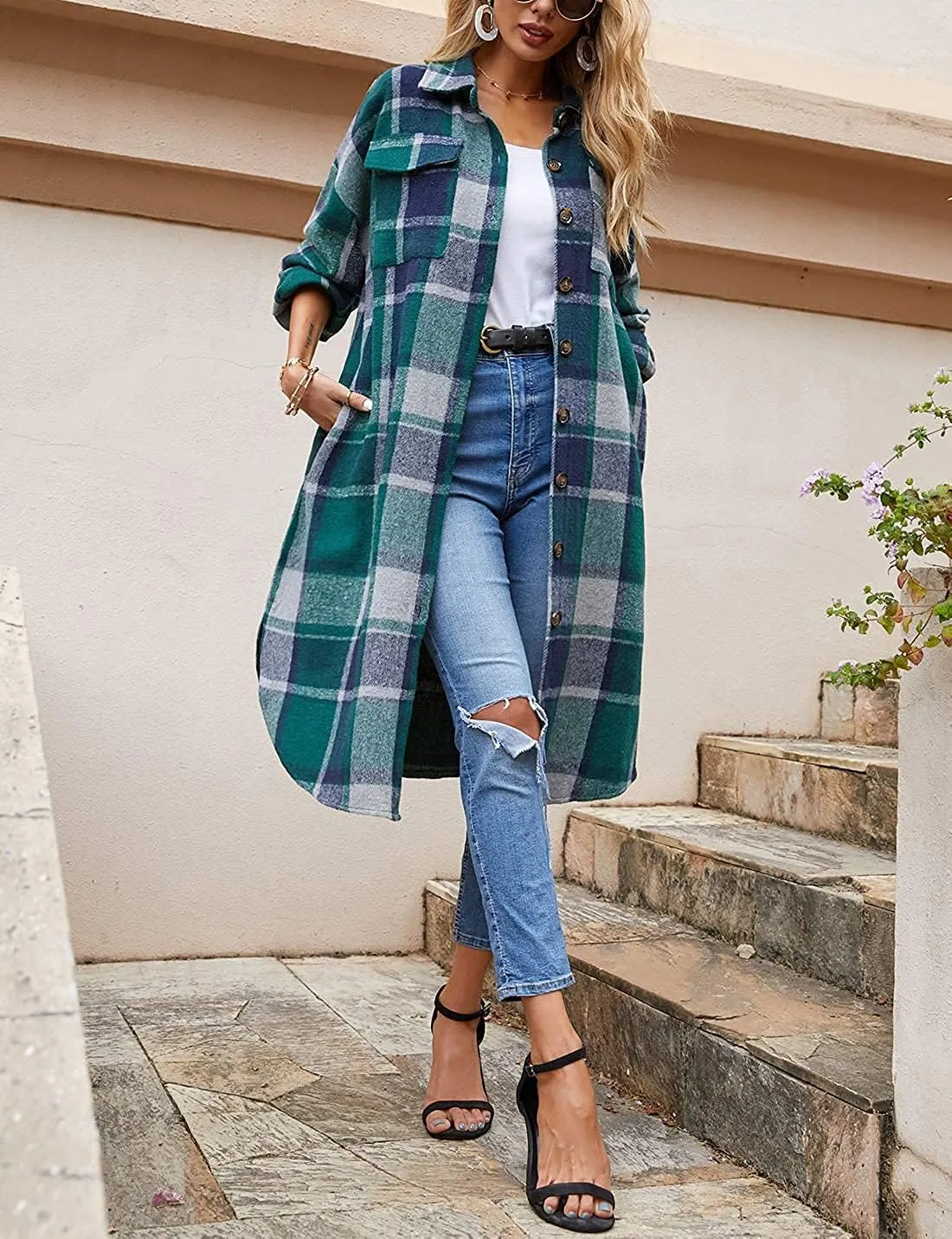 Peaceglad Women's Lounge Lapel Button Up Long Sleeve Plaid Long Shirt Jacket Shacket