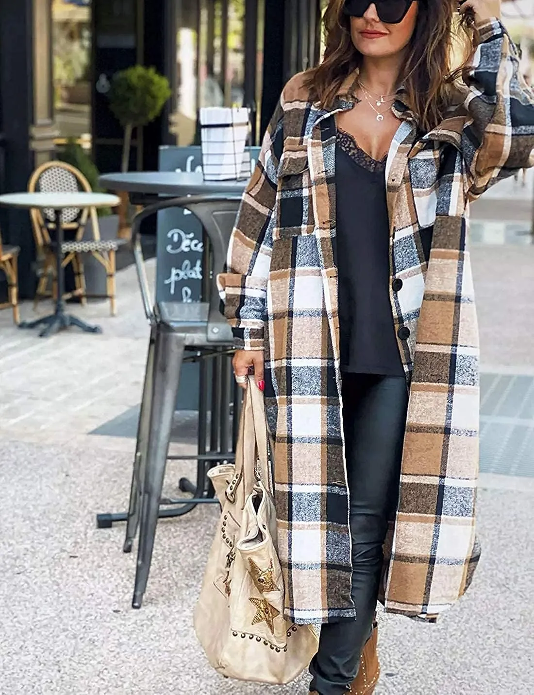 Peaceglad Women's Lounge Lapel Button Up Long Sleeve Plaid Long Shirt Jacket Shacket