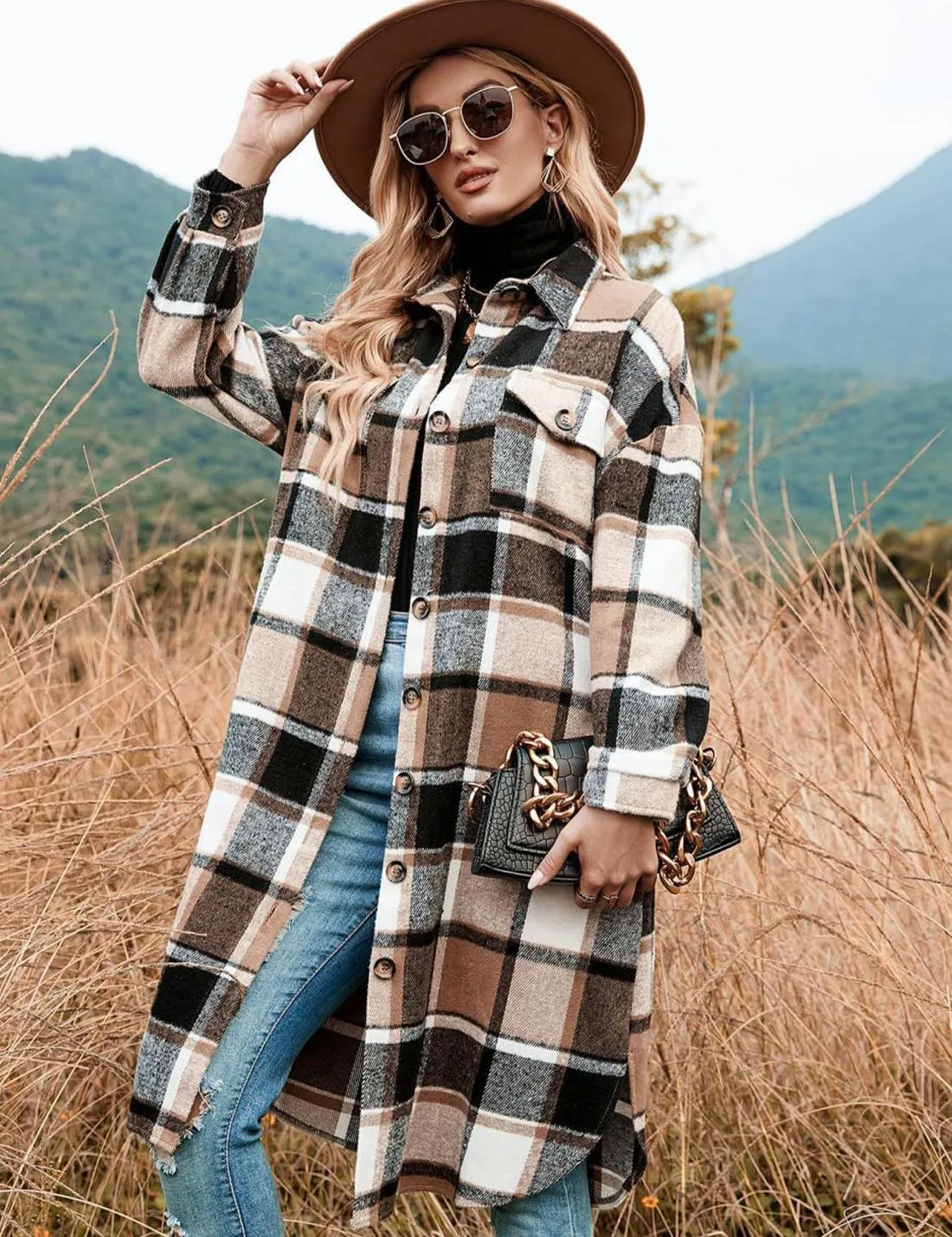 Peaceglad Women's Lounge Lapel Button Up Long Sleeve Plaid Long Shirt Jacket Shacket