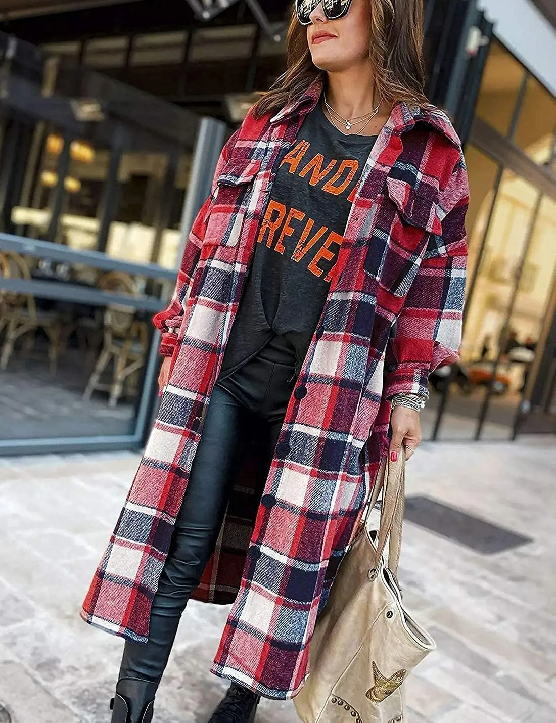 Peaceglad Women's Lounge Lapel Button Up Long Sleeve Plaid Long Shirt Jacket Shacket