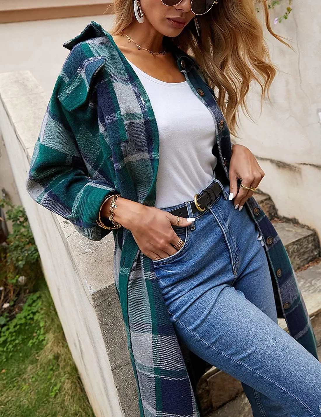Peaceglad Women's Lounge Lapel Button Up Long Sleeve Plaid Long Shirt Jacket Shacket