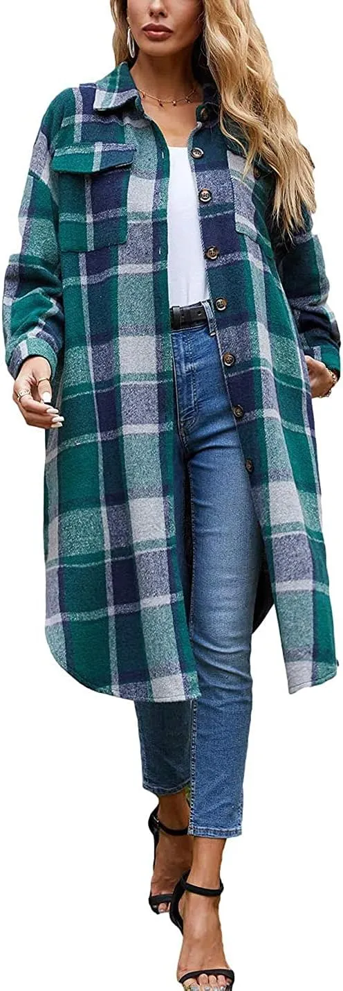 Peaceglad Women's Lounge Lapel Button Up Long Sleeve Plaid Long Shirt Jacket Shacket