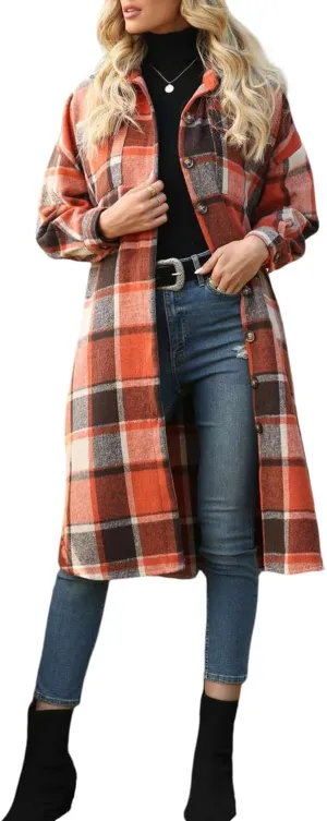 Peaceglad Women's Lounge Lapel Button Up Long Sleeve Plaid Long Shirt Jacket Shacket