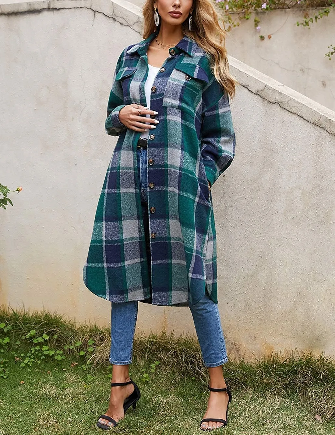 Peaceglad Women's Lounge Lapel Button Up Long Sleeve Plaid Long Shirt Jacket Shacket