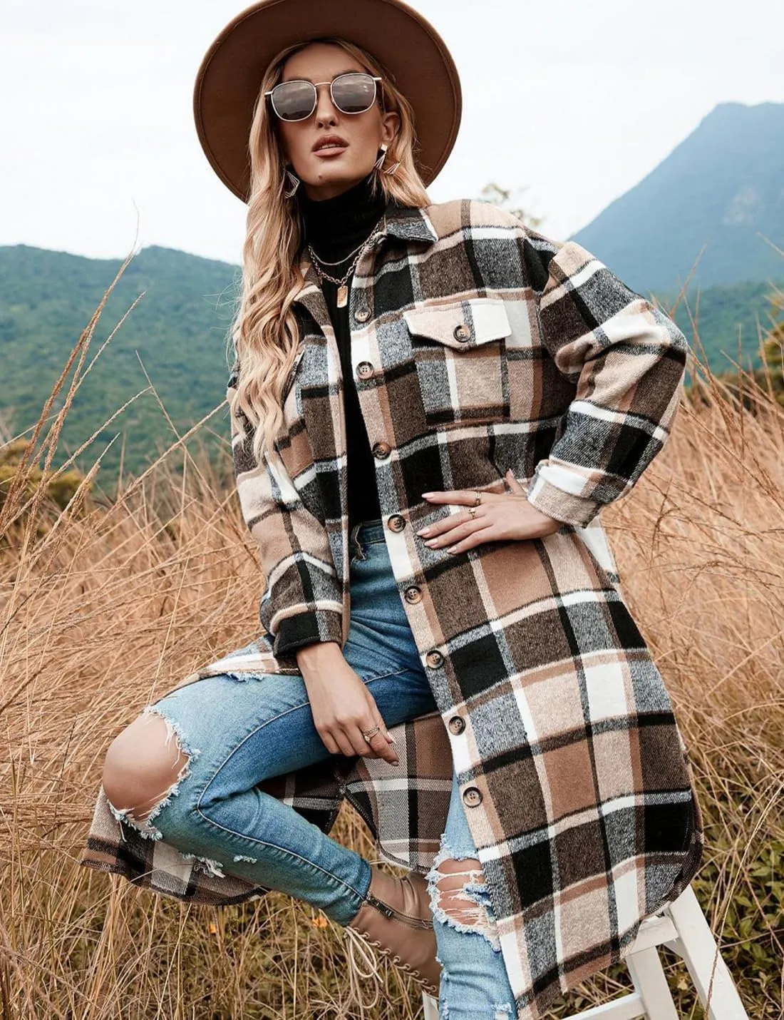 Peaceglad Women's Lounge Lapel Button Up Long Sleeve Plaid Long Shirt Jacket Shacket