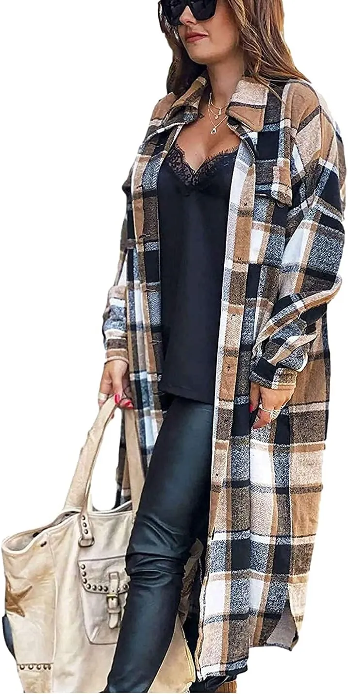 Peaceglad Women's Lounge Lapel Button Up Long Sleeve Plaid Long Shirt Jacket Shacket