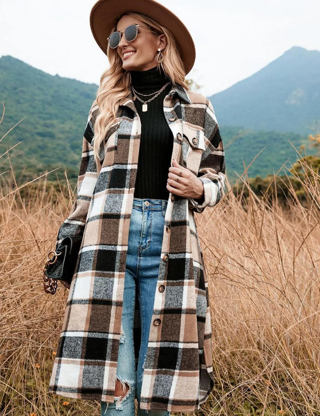 Peaceglad Women's Lounge Lapel Button Up Long Sleeve Plaid Long Shirt Jacket Shacket