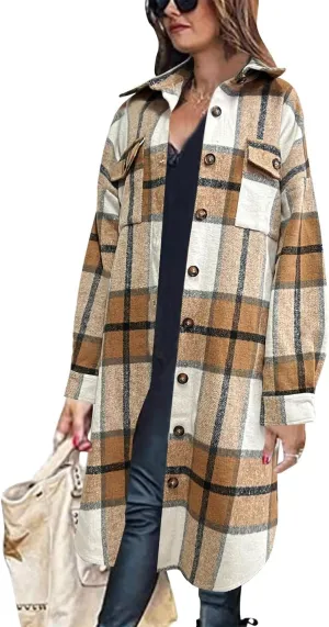 Peaceglad Women's Lounge Lapel Button Up Long Sleeve Plaid Long Shirt Jacket Shacket