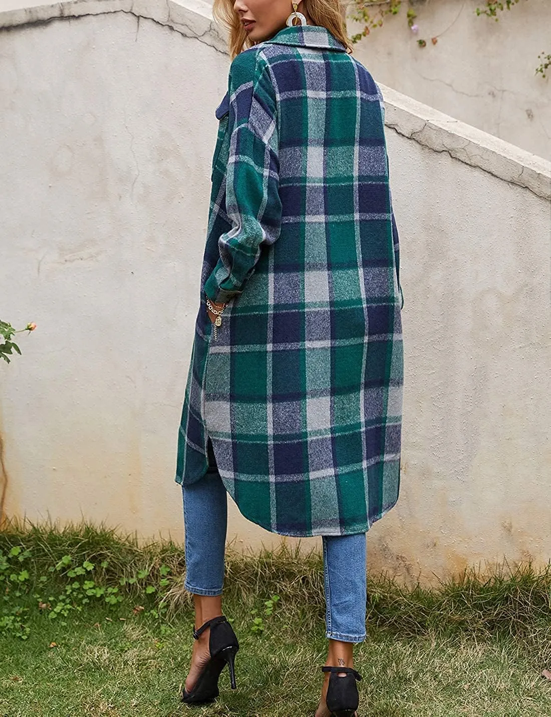 Peaceglad Women's Lounge Lapel Button Up Long Sleeve Plaid Long Shirt Jacket Shacket