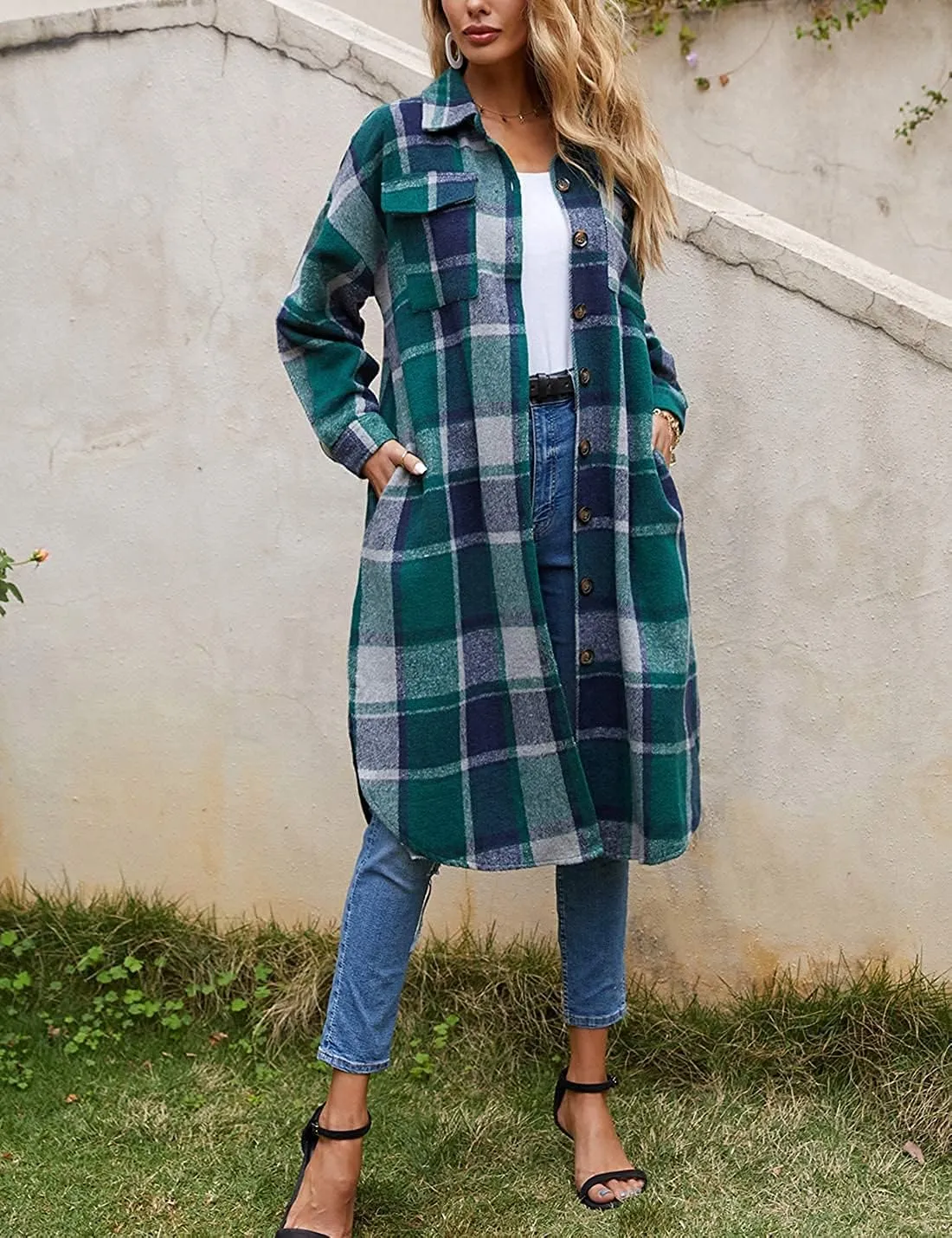 Peaceglad Women's Lounge Lapel Button Up Long Sleeve Plaid Long Shirt Jacket Shacket