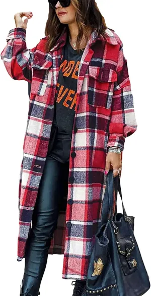 Peaceglad Women's Lounge Lapel Button Up Long Sleeve Plaid Long Shirt Jacket Shacket