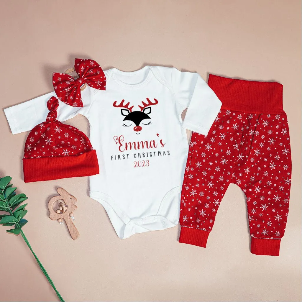 Personalized Christmas Baby Girl Onesies and Long Pants Set | Custom Infant Onesie Reindeer First Christmas Baby Name | Newborn Xmas Outfit