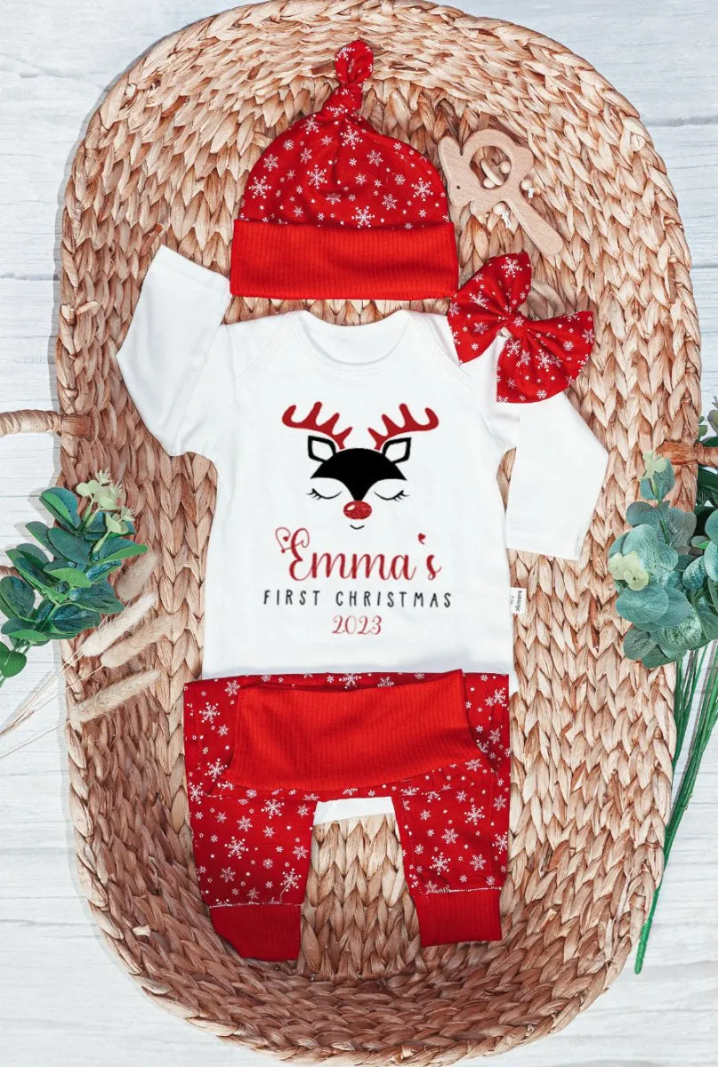 Personalized Christmas Baby Girl Onesies and Long Pants Set | Custom Infant Onesie Reindeer First Christmas Baby Name | Newborn Xmas Outfit