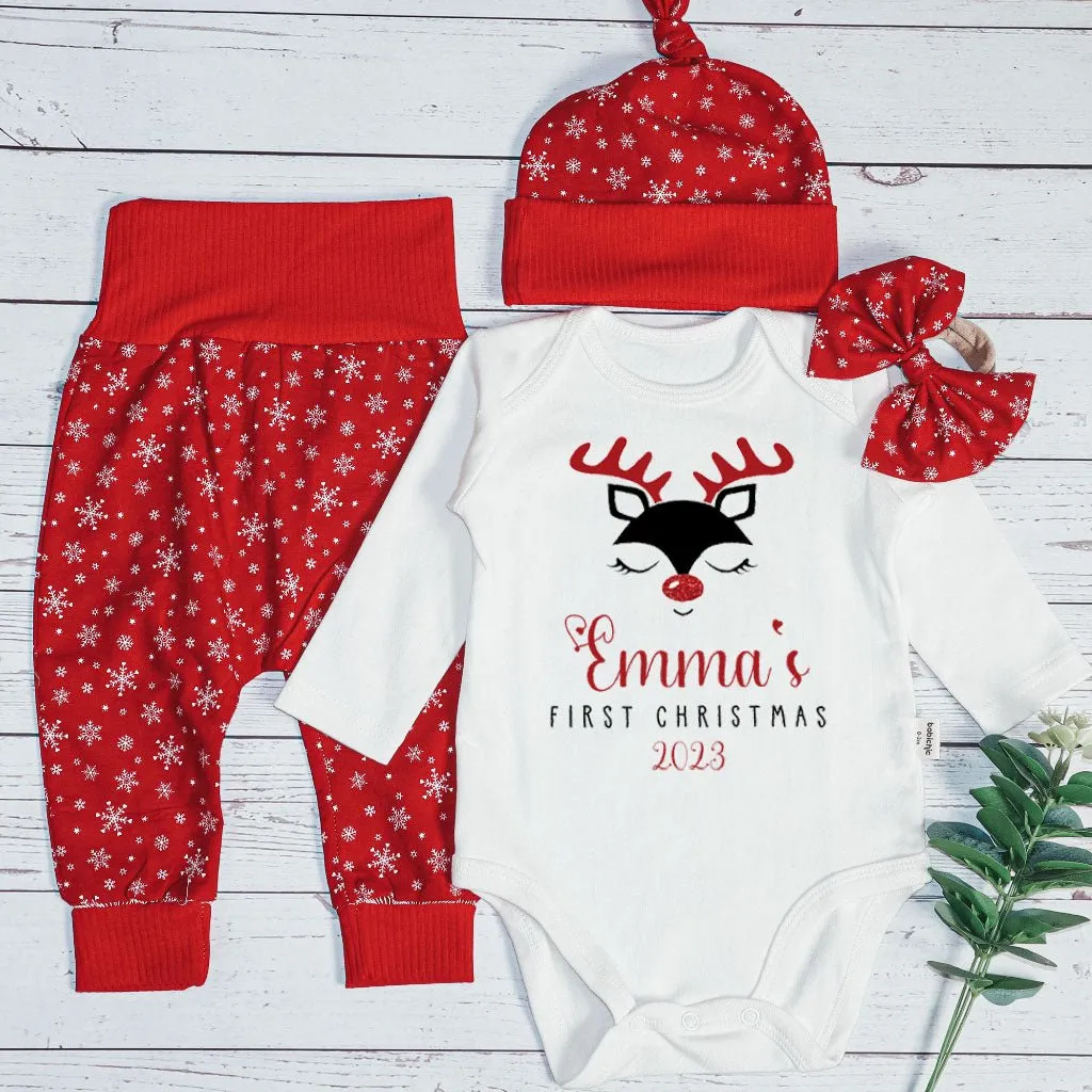 Personalized Christmas Baby Girl Onesies and Long Pants Set | Custom Infant Onesie Reindeer First Christmas Baby Name | Newborn Xmas Outfit