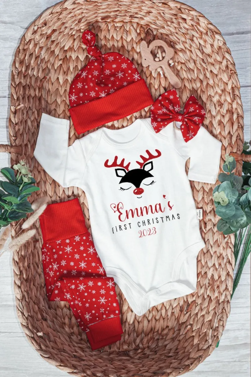 Personalized Christmas Baby Girl Onesies and Long Pants Set | Custom Infant Onesie Reindeer First Christmas Baby Name | Newborn Xmas Outfit