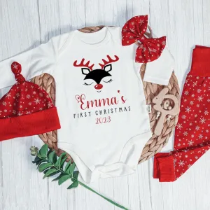 Personalized Christmas Baby Girl Onesies and Long Pants Set | Custom Infant Onesie Reindeer First Christmas Baby Name | Newborn Xmas Outfit