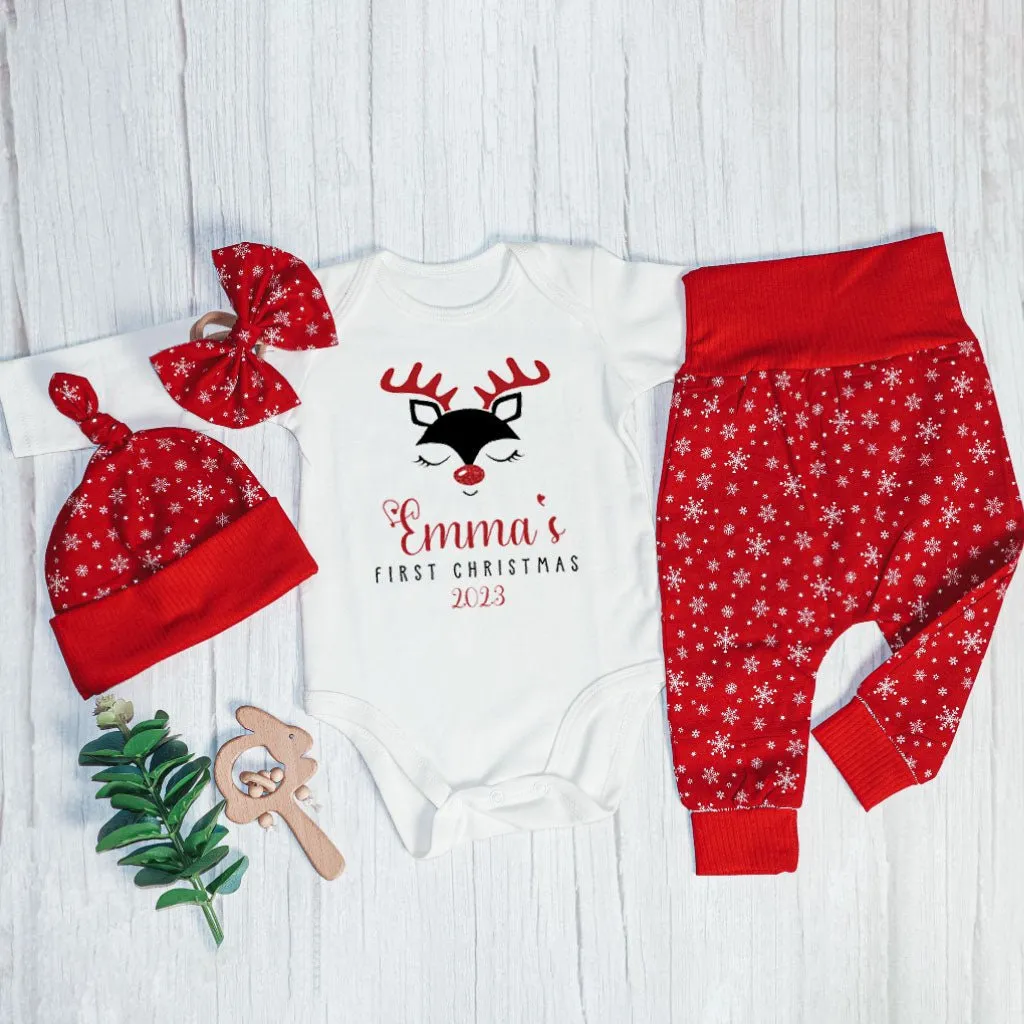 Personalized Christmas Baby Girl Onesies and Long Pants Set | Custom Infant Onesie Reindeer First Christmas Baby Name | Newborn Xmas Outfit