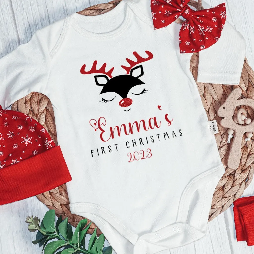 Personalized Christmas Baby Girl Onesies and Long Pants Set | Custom Infant Onesie Reindeer First Christmas Baby Name | Newborn Xmas Outfit