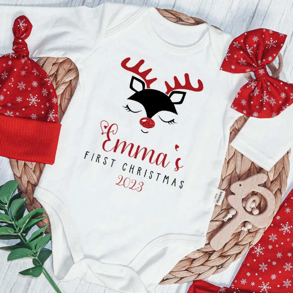 Personalized Christmas Baby Girl Onesies and Long Pants Set | Custom Infant Onesie Reindeer First Christmas Baby Name | Newborn Xmas Outfit