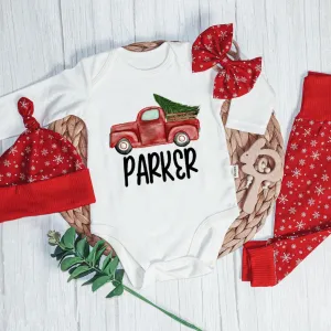 Personalized Christmas Neutral Baby Onesies and Long Pants Set | Custom Baby Onesies Red Truck Baby Name | Infant Christmas Outfit