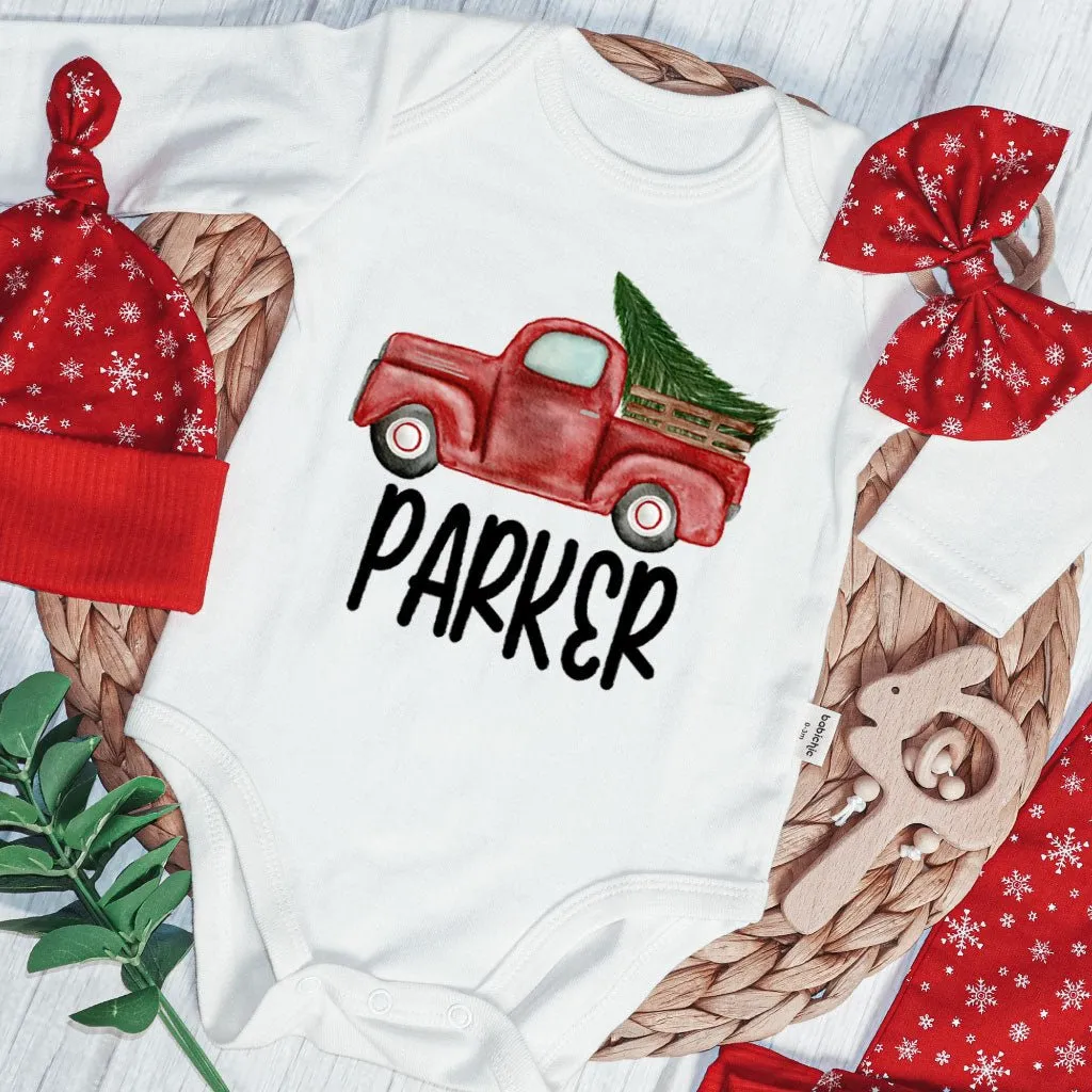 Personalized Christmas Neutral Baby Onesies and Long Pants Set | Custom Baby Onesies Red Truck Baby Name | Infant Christmas Outfit