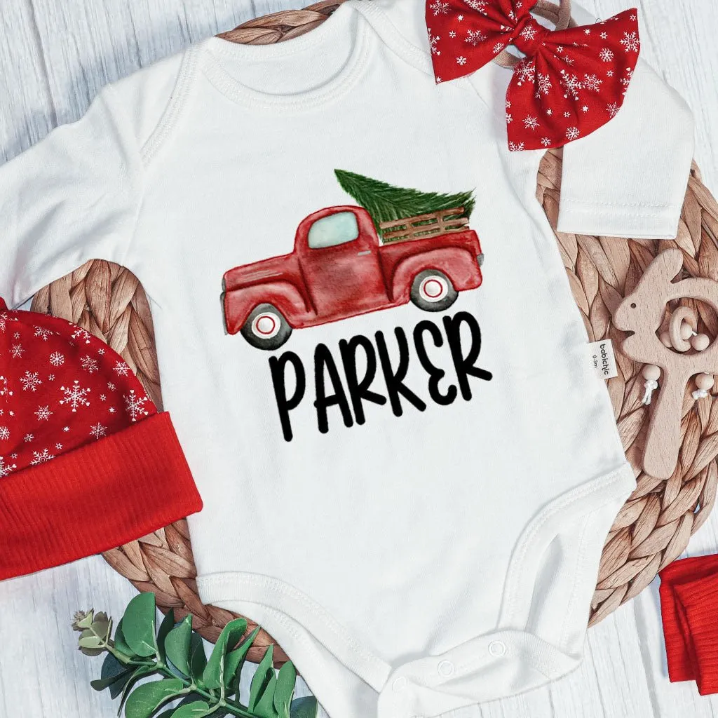 Personalized Christmas Neutral Baby Onesies and Long Pants Set | Custom Baby Onesies Red Truck Baby Name | Infant Christmas Outfit