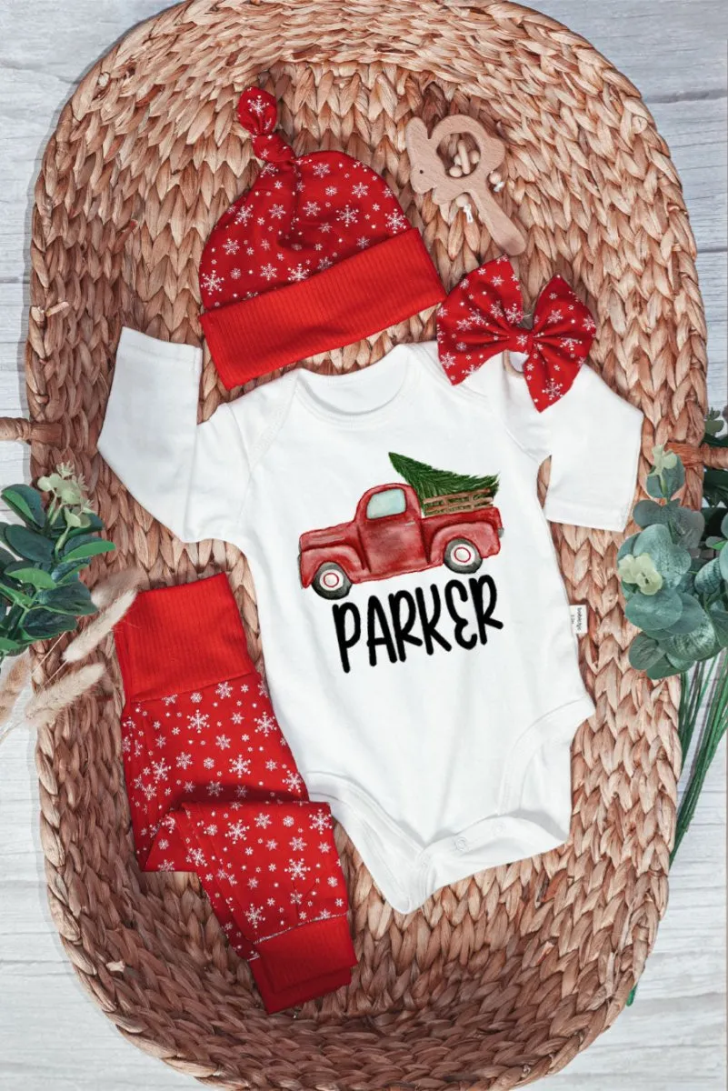 Personalized Christmas Neutral Baby Onesies and Long Pants Set | Custom Baby Onesies Red Truck Baby Name | Infant Christmas Outfit