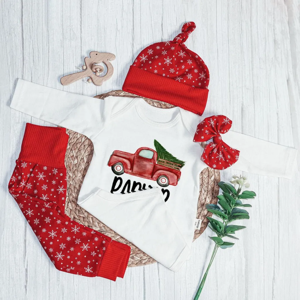 Personalized Christmas Neutral Baby Onesies and Long Pants Set | Custom Baby Onesies Red Truck Baby Name | Infant Christmas Outfit